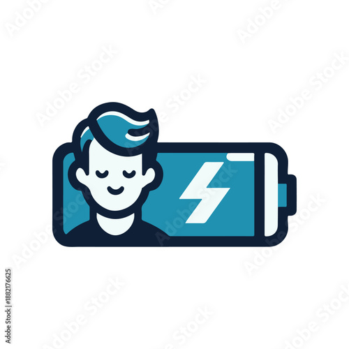 Illustration of a person recharging like a battery, symbolizing energy renewal and vitality