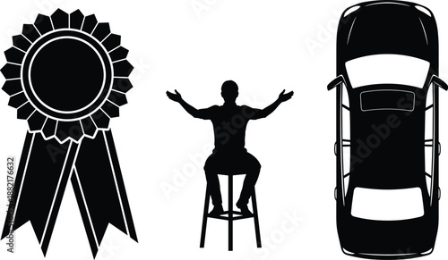 Award ribbon, seated winner silhouette, and car top view icons set, success achievement concept illustration for business, competition, reward, transportation, and victory symbolism design