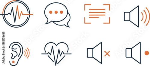 Audio communication and sound interface icons set, modern line symbols for voice, chat, volume control, hearing, heartbeat monitoring, and multimedia user experience design