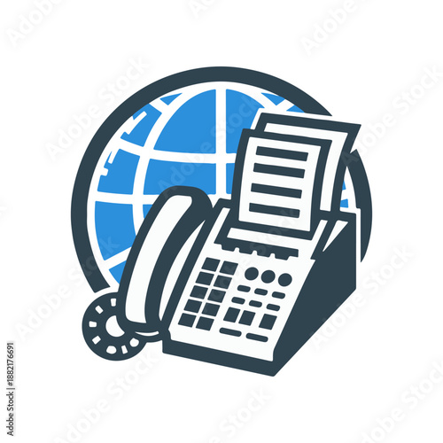 Illustration of a telephone and fax machine in front of a globe, representing global communication