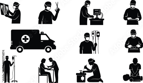 Black silhouette set of tactical military soldiers, special forces operatives with weapons, armed security guards, and combat fighters in various action poses for professional designs.