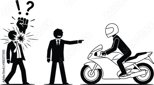 Business conflict silhouette illustration showing angry manager accusing motorcyclist accident argument confrontation problem isolated on white background vector concept communication blame 