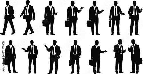 Business man silhouette set showing professional corporate people walking talking gesturing with briefcase isolated on white background vector illustration black suit office concept collection