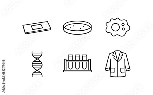 Collection of scientific laboratory icons including DNA, microscope slide, petri dish, and lab coat