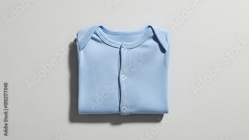 A neatly folded baby garment, pale blue, featuring a simple neckline and button closure, on a neutral backdrop