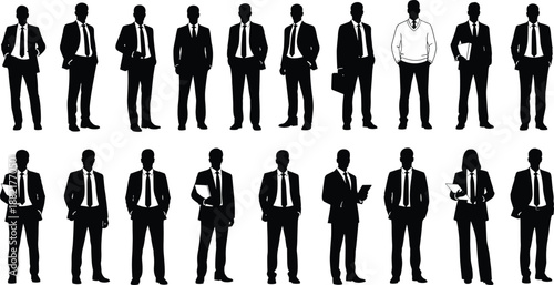 Business people silhouette set showing professional men and women in suits corporate team poses isolated on white background vector illustration leadership office collection