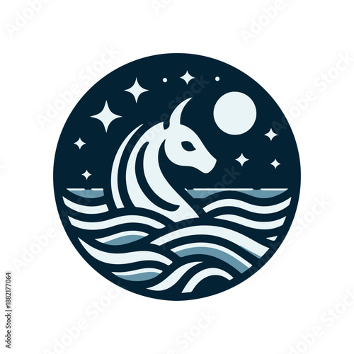 Mystical unicorn emerging from ocean waves under a starry night sky with a bright moon