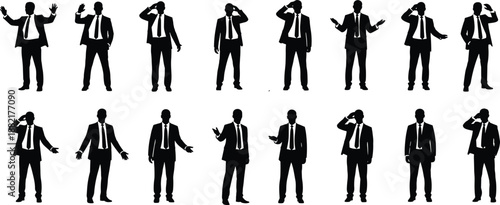 Businessman silhouette set showing professional men in suits gesturing communication leadership poses isolated on white background vector illustration corporate presentation collection 