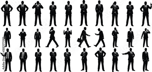Businessman silhouette collection showing professional corporate men standing walking gesturing leadership poses isolated on white background vector illustration office management success concept set