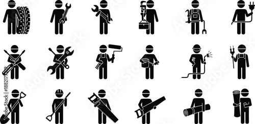 Construction worker tools silhouette icon set showing craftsmen electricians plumbers mechanics equipment isolated on white background vector illustration industry service collection design 