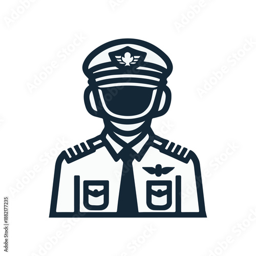 Pilot in uniform with insignia, standing confidently, ready for flight in a clean, professional setting