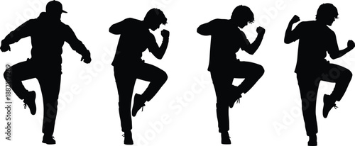 Dancing man silhouette set showing energetic street dance moves hip hop freestyle poses isolated on white background vector illustration motion music urban culture collection