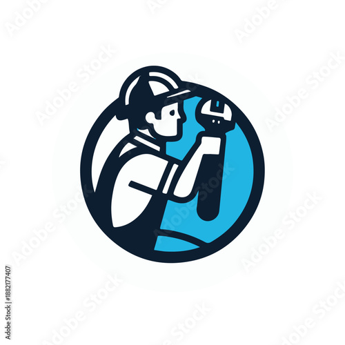 Professional plumber using a wrench in a circular logo design with a blue background