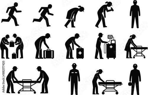Emergency medical silhouette icon set showing paramedics, patients, doctors actions rescue transport hospital care isolated white background 