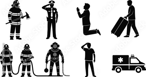 Emergency services silhouette icon set showing firefighter police rescue diver ambulance worker actions isolated on white background vector illustration safety protection service collection