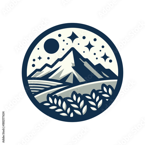Scenic mountain landscape with stars and moon, featuring lush greenery and serene atmosphere