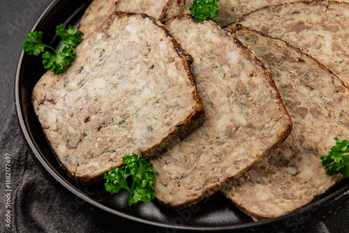 Pate pork liver country pâté baked terrine meat food preparation tasty snack fresh delicious gourmet food background on the table rustic food top view copy space