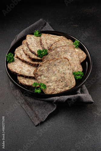 Pate pork liver country pâté baked terrine meat food preparation tasty snack fresh delicious gourmet food background on the table rustic food top view copy space