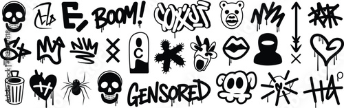 Graffiti street art icon set with doodles, skulls, hearts, tags and symbols, edgy urban spray paint illustrations for stickers, posters, branding, youth culture design