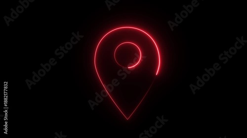  a red neon location pin symbol. The design represents a map pointer or GPS location indicator. 