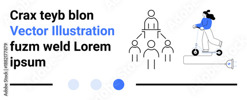 Woman riding electric scooter with charging dock, alongside team hierarchy structure. Ideal for teamwork, mobility, eco-transport, corporate organization, modern lifestyle, minimalism, simple landing