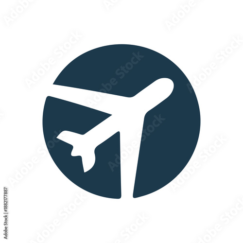 Simplistic silhouette of an airplane within a circular design, symbolizing travel and aviation