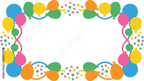 Festive birthday frame with colorful balloons and confetti for invitations and celebrations