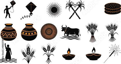 Indian festival cultural icons set with kites, diyas, wheat, sun, bull, pottery and folk symbols, traditional rural celebration illustration for heritage, harvest, and festive design