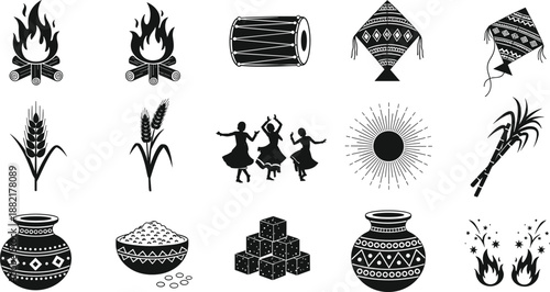 Indian harvest and folk festival icons set with bonfire, drum, kites, dance, sun, sugarcane, pottery and sweets, traditional rural celebration illustration for cultural design