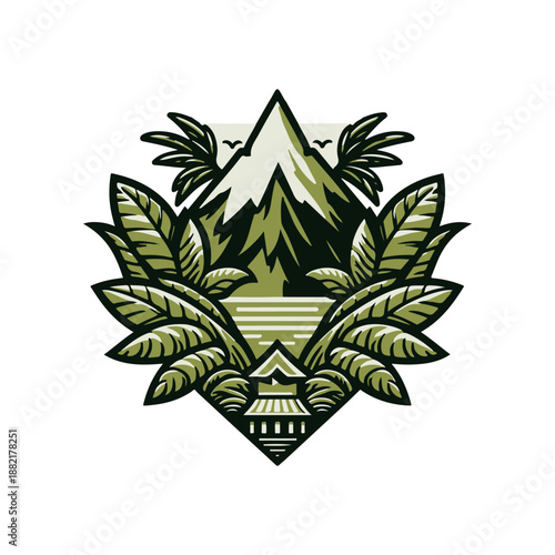 Stylized emblem featuring mountains, palm trees, and a tropical landscape in green tones