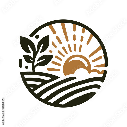 Stylized landscape illustration featuring a sunrise over rolling hills and a single tree