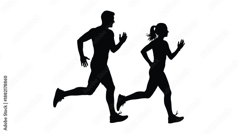 Fototapeta premium two silhouetted figures running forward a man and a woman in motion athletic activity