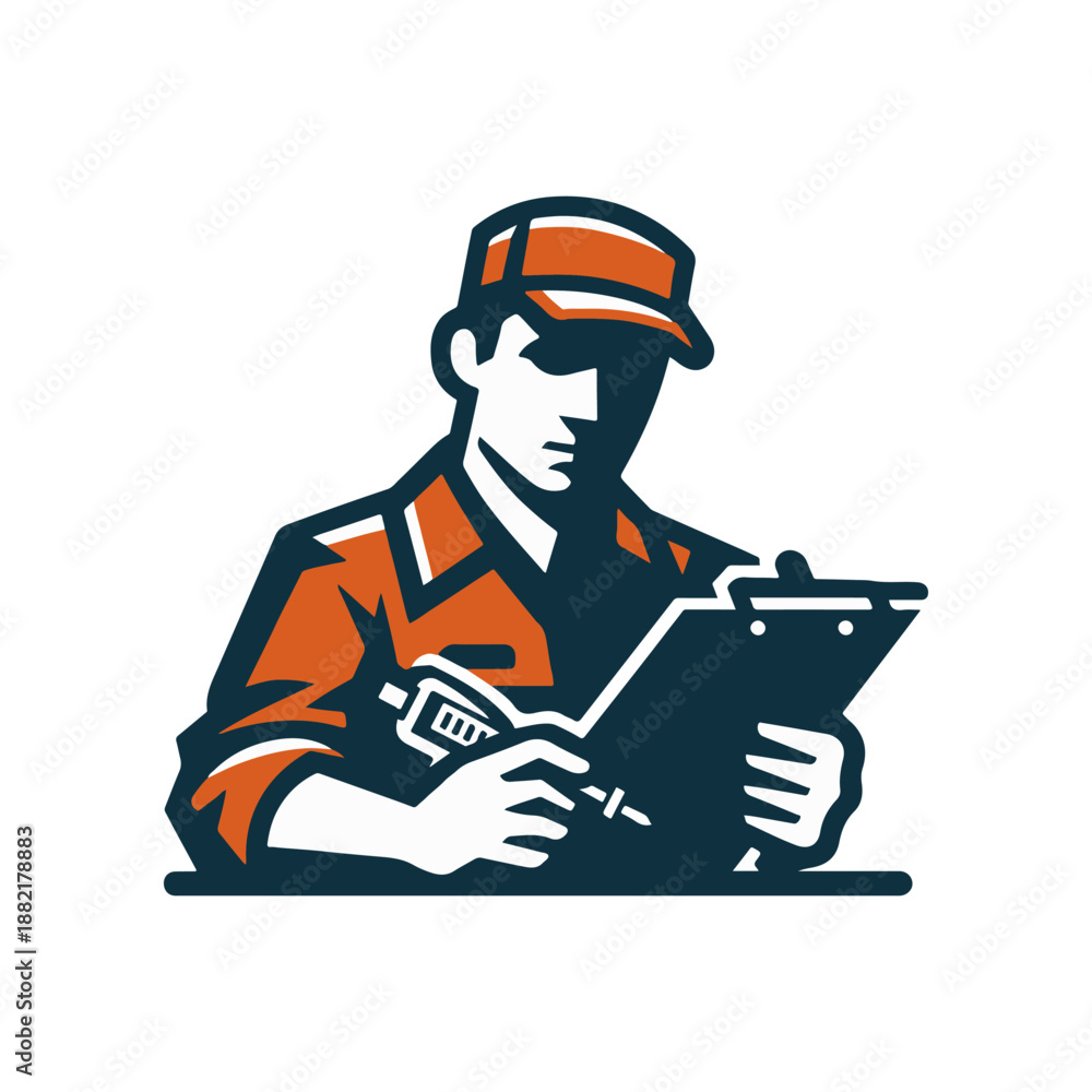 Fototapeta premium Worker in orange uniform using a clipboard while inspecting tools in a workshop setting