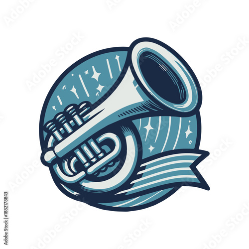 Vintage-style illustration of a tuba with a circular background filled with stars