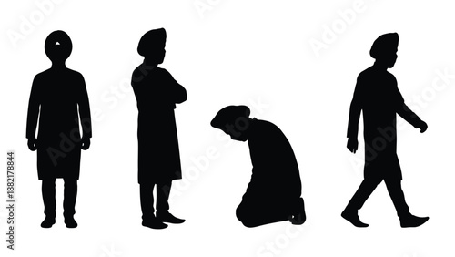 silhouette figures depicting people standing bending kneeling and walking in a simple black design