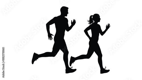 two silhouetted figures running forward a man and a woman in motion athletic activity