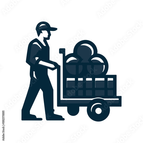 Worker transporting goods on a cart in a warehouse setting with stacked boxes in the background