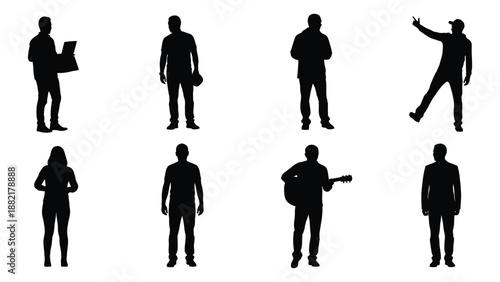 a collection of silhouette figures depicting people in various poses and actions isolated on white