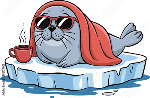 seal chilled out wearing sunglasses and wrapped in a blanket enjoys hot coffee on an iceberg