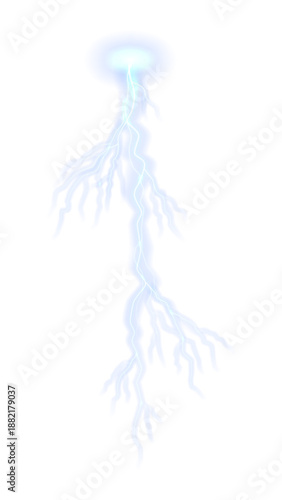 Realistic bright glowing bolt. Effect of bright electric discharge of blue lightning isolated on white background. Vector bright glowing lightning effect or thunderstorms.