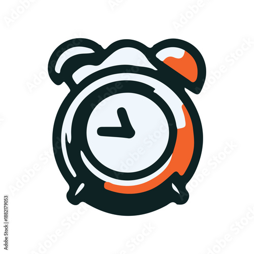 A colorful alarm clock with a white face and orange accents, set against a minimalistic background