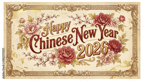 Happy chinese new year 2026 greeting card with roses and golden border on beige background