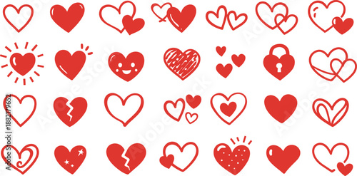 Set of hand drawn hearts with unique shapes and imperfect lines. Expressive romantic doodle elements designed for greeting cards, invitations, stickers and branding.