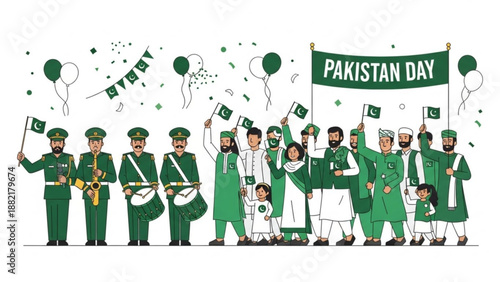 People celebrating pakistan day with flags balloons and traditional attire in green and white