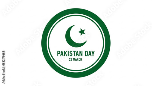 Green pakistan day emblem with crescent moon and star on white background