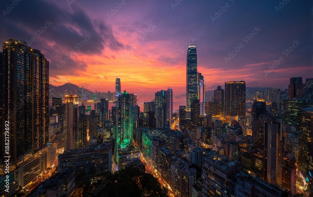 Obraz premium Illuminated skyscrapers pierce a vibrant, fiery sunset over a sprawling cityscape