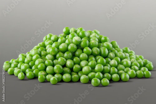 Green peas falling onto a pile of peas and leaves, creating a vibrant and healthy image