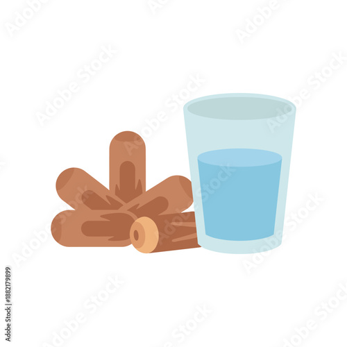 Fresh ginger with glass of water