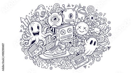 Psychedelic Chaotic Hand-Drawn Doodle Graffiti Street Art Retro Monster Mashup Vector Design