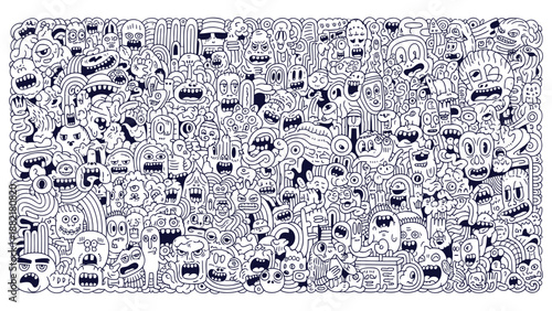 Black and White Doodle Monster Pattern Detailed Chaotic Hand Drawn Cartoon Characters Background